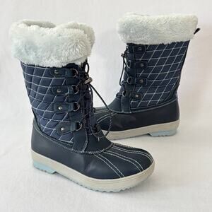 Totes Girls 4 Blue Winter Snow Boots Faux Fur Lined Waterproof Lace Up